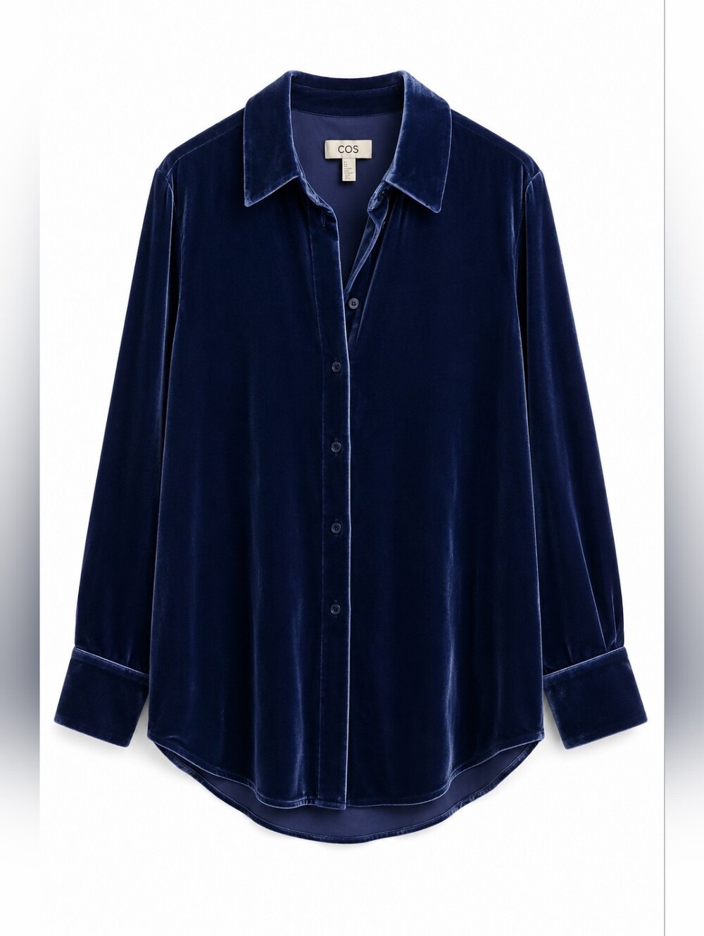 COS Navy Velvet Button Down Blouse , Silk Blend, 6, Luxury, Relaxed, Oversized